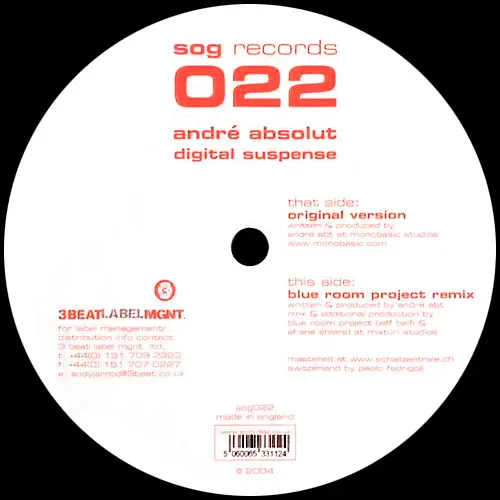 André Absolut - Digital Suspense, Electronic, Progressive House, Progressive Trance, 2004 - Sog Records, Switzerland, Vinyl 1