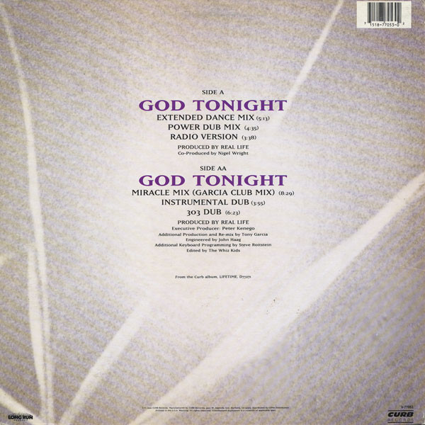 Real Life - God Tonight, Electronic, Hi NRG, Synth-pop, 1990 - Curb Records, Long Run Records, US, Vinyl 1x 12", Single