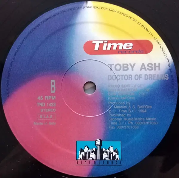 Toby Ash - Doctor Of Dreams, Electronic, Eurobeat, 1994 - Time Records, Italy, Vinyl 1x 12", 45 RPM