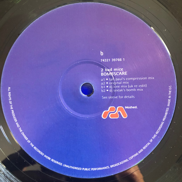 2 Bad Mice - Bombscare, Electronic, Breakbeat, Progressive House, 1996 - Arista, BMG, Moshed Recordings, UK, Vinyl 1x 12", 33