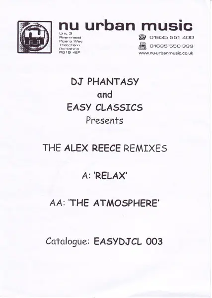 DJ Phantasy - Relax / The Atmosphere (Alex Reece Remixes), Electronic, Drum n Bass, 2004 - Easy Records, UK, Vinyl 1x 12"