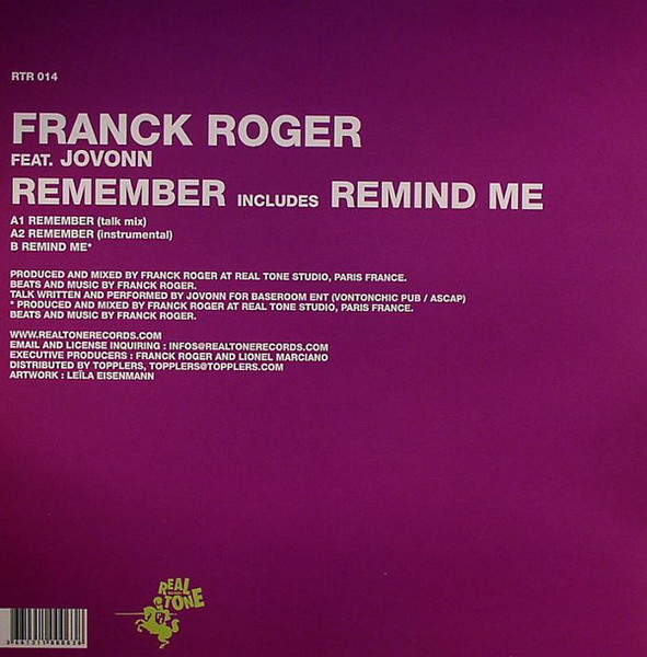 Franck Roger Feat. Jovonn - Remember, Electronic, Deep House, Garage House, 2006 - Real Tone Records, France, Vinyl 1x 12", 3