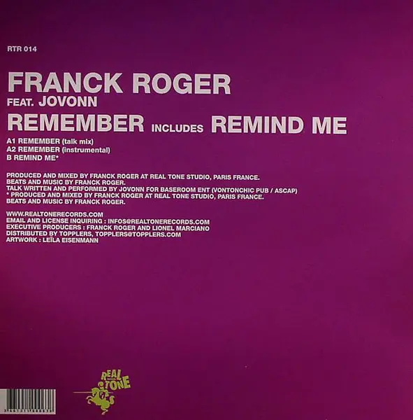 Franck Roger Feat. Jovonn - Remember, Electronic, Deep House, Garage House, 2006 - Real Tone Records, France, Vinyl 1x 12", 3