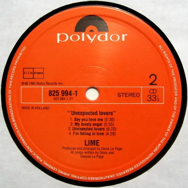 Lime (2) - Unexpected Lovers, Electronic, Disco, 1985 - Polydor, Netherlands, Vinyl 1x LP, Album, Stereo