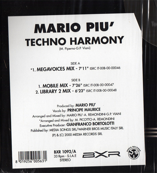 Mario Più - Techno Harmony, Electronic, Techno, Trance, 2000 - BXR, Italy, Vinyl 1x 12", 33 ⅓ RPM, Stereo