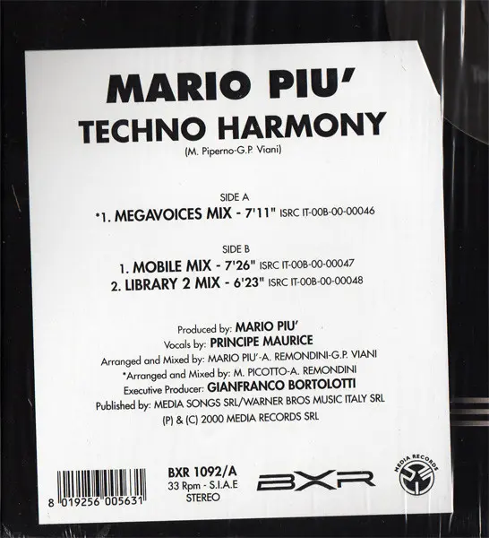Mario Più - Techno Harmony, Electronic, Techno, Trance, 2000 - BXR, Italy, Vinyl 1x 12", 33 ⅓ RPM, Stereo