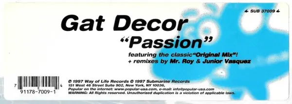 Gat Decor - Passion, Electronic, House, Progressive House, 1997 - Submarine, US, Vinyl 1x 12"
