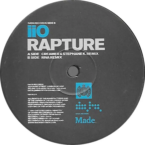 iiO - Rapture, Electronic, Progressive House, Progressive Trance, 2001 - Data Records, Ministry Of Sound, UK, Vinyl 1x 12", 3