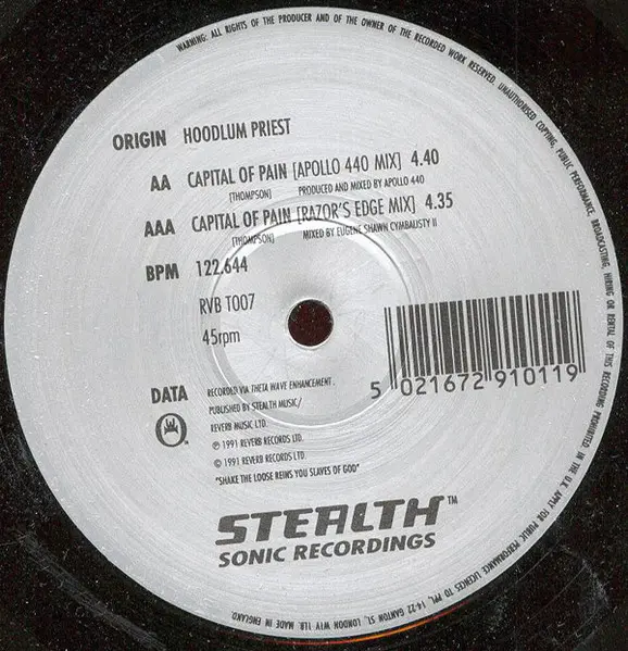 Hoodlum Priest - Capital Of Pain, Electronic, Hardcore, Industrial, Techno, 1991 - Reverb Records (2), Stealth Sonic Recordin
