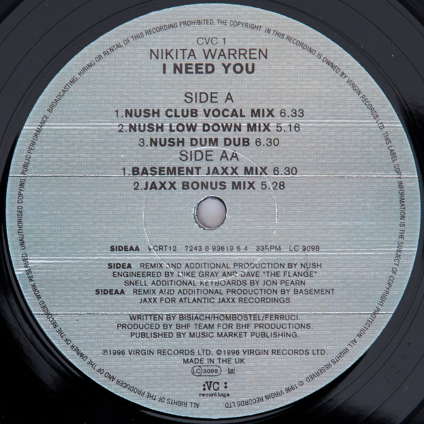 Nikita Warren - I Need You, Electronic, Disco, House, 1996 - VC Recordings, UK, Vinyl 1x 12", 33 ⅓ RPM, Stereo