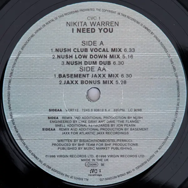 Nikita Warren - I Need You, Electronic, Disco, House, 1996 - VC Recordings, UK, Vinyl 1x 12", 33 ⅓ RPM, Stereo