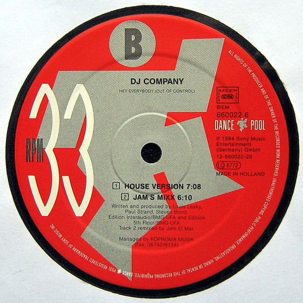 DJ Company - Hey Everybody (Out Of Control), Electronic, Euro House, 1994 - Dance Pool, Germany, Vinyl 1x 12", 33 ⅓ RPM, 45 R