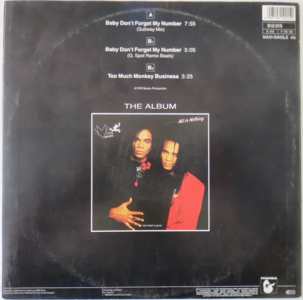 Album cover for Baby Don't Forget My Number (Subway Mix) by Milli Vanilli