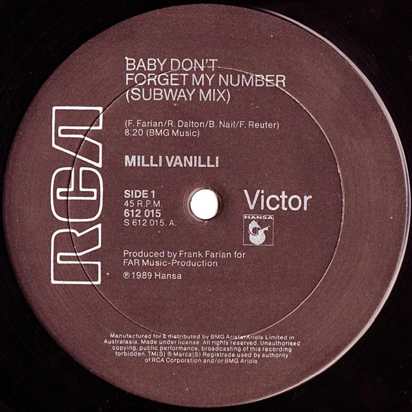 Album cover for Baby Don't Forget My Number (Subway Mix) by Milli Vanilli