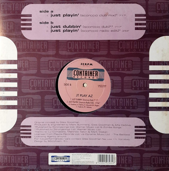 JT Playaz - Just Playin', Electronic, House, Progressive Trance, 1997 - Container Records, Spain, Vinyl 1x 12"