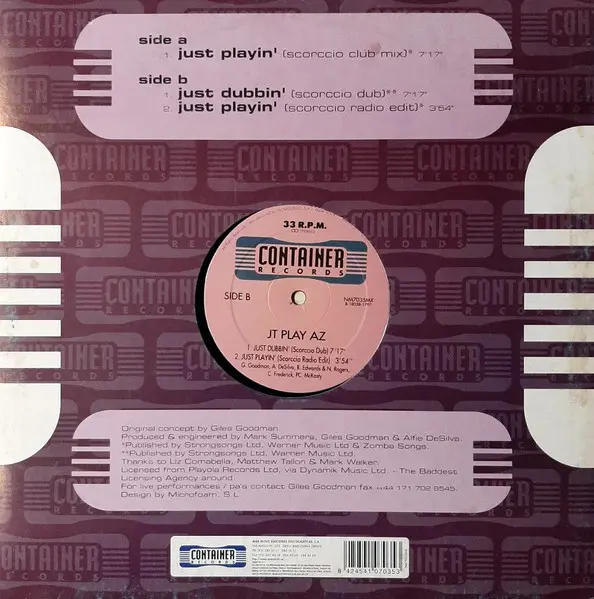 JT Playaz - Just Playin', Electronic, House, Progressive Trance, 1997 - Container Records, Spain, Vinyl 1x 12"