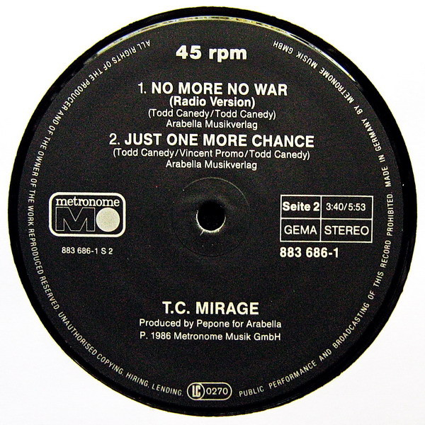 Mirage (7) - No More No War (Remix), Electronic, Euro-Disco, 1986 - Metronome, Germany, Vinyl 1x 12", Maxi-Single, 45 RPM
