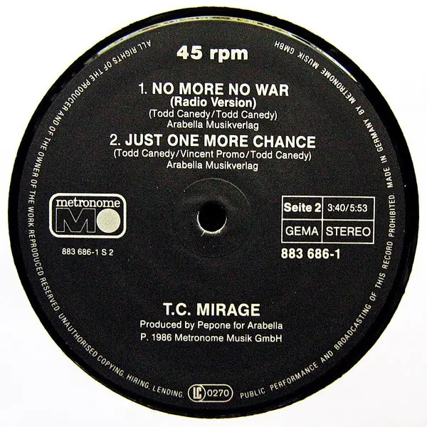 Mirage (7) - No More No War (Remix), Electronic, Euro-Disco, 1986 - Metronome, Germany, Vinyl 1x 12", Maxi-Single, 45 RPM