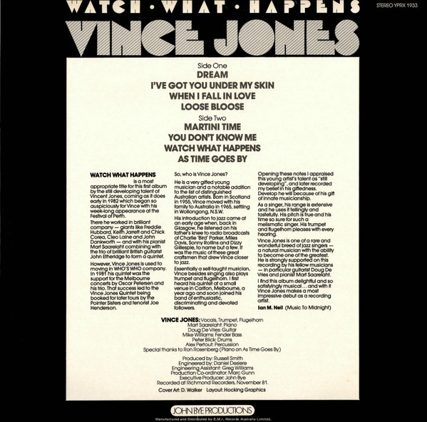 Vince Jones - Watch What Happens, Jazz, 1982 - John Bye Productions, Australia, Vinyl 1x LP, Album