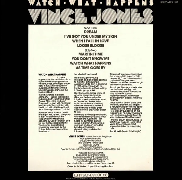 Vince Jones - Watch What Happens, Jazz, 1982 - John Bye Productions, Australia, Vinyl 1x LP, Album