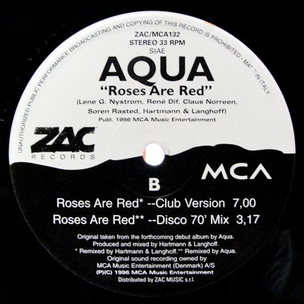 Aqua - Roses Are Red, Electronic, Euro House, Italodance, 1997 - ZAC Records, Italy, Vinyl 1x 12", 33 ⅓ RPM