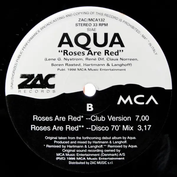Aqua - Roses Are Red, Electronic, Euro House, Italodance, 1997 - ZAC Records, Italy, Vinyl 1x 12", 33 ⅓ RPM