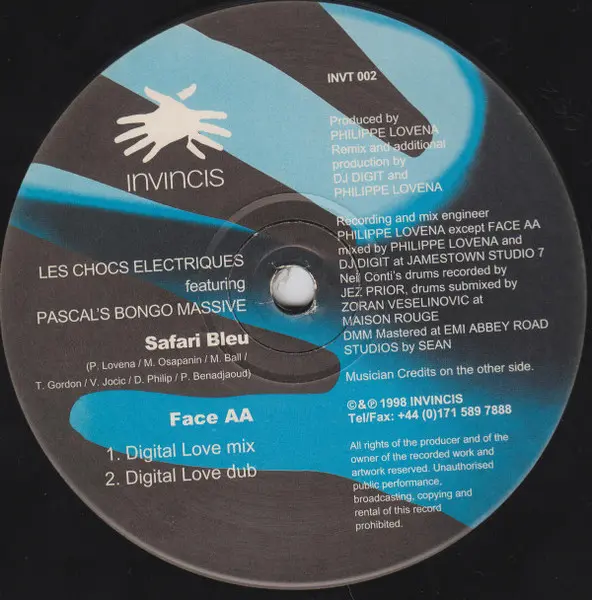 Choc Electrique Featuring Pascal's Bongo Massive - Safari Bleu, Electronic, House, 1998 - Invincis, UK, Vinyl 1x 12"