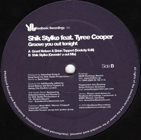 Shik Stylkø Feat. Tyree Cooper - Groove You Out Tonight, Electronic, House, 2003 - Realbasic Recordings, Germany, Vinyl 1x 12