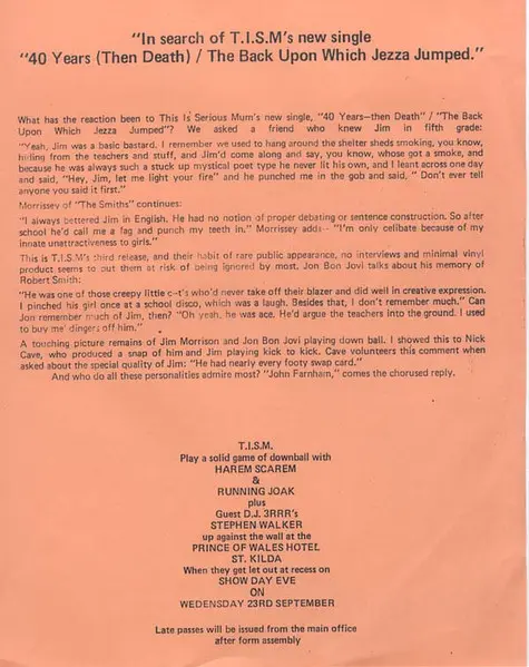 TISM - 40 Years (Then Death), Rock, Alternative Rock, 1987 - Elvis Records, Australia, Vinyl 1x 12", 45 RPM, White Label Whit