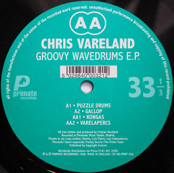 Chris Vareland - Groovy Wavedrums EP, Electronic, Techno, Tribal, 1999 - Primate Recordings, UK, Vinyl 1x 12", EP, 33 ⅓ RPM