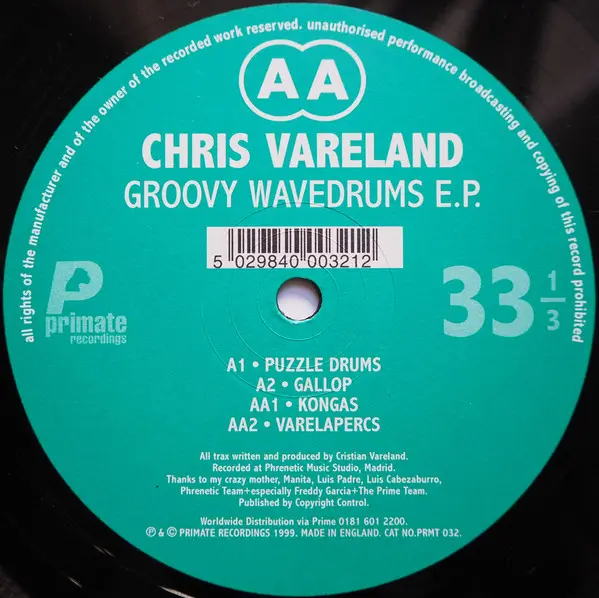 Chris Vareland - Groovy Wavedrums EP, Electronic, Techno, Tribal, 1999 - Primate Recordings, UK, Vinyl 1x 12", EP, 33 ⅓ RPM