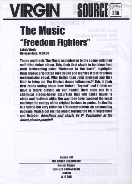 Music, The - Freedom Fighters, Electronic, Breakbeat, Progressive House, 2004 - Virgin, UK, Vinyl 1x 12", 33 ⅓ RPM, Promo