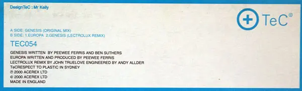 Peewee Ferris - Genesis, Electronic, Hard House, Trance, 2000 - TeC, UK, Vinyl 1x 12", 33 ⅓ RPM, 45 RPM