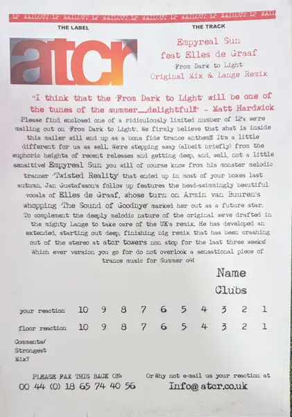 Empyreal Sun & Elles de Graaf - From Dark To Light, Electronic, Trance, 2004 - A Trance Communication Release (ATCR), UK, Vin