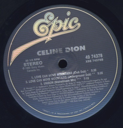 Céline Dion - Love Can Move Mountains, Electronic, Pop, Dance-pop, Garage House, House, 1992 - Epic, US, Vinyl 1x 12", 33 ⅓ R
