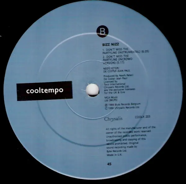 Bizz Nizz - Don't Miss The Partyline, Electronic, House, 1990 - Cooltempo, UK, Vinyl 1x 12", 45 RPM