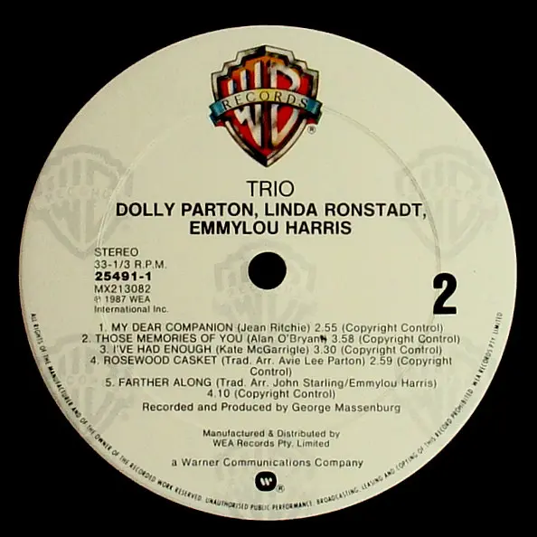 Dolly Parton, Linda Ronstadt, Emmylou Harris - Trio, Folk, World, & Country, Country, 1987 - Warner Bros. Records, Australia 