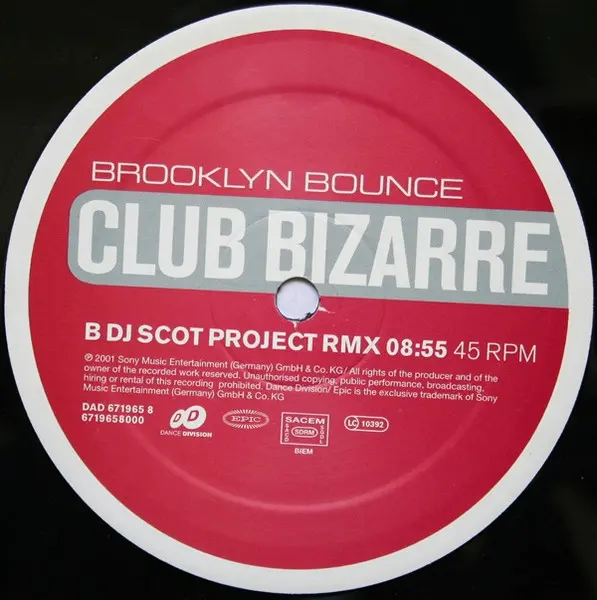 Brooklyn Bounce - Club Bizarre, Electronic, Hard Trance, House, 2001 - Dance Division, Epic, Germany, Vinyl 1x 12", 45 RPM