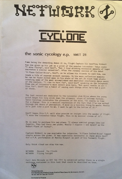 Cyclone - The Sonic Cycology E.P., Electronic, Bleep, Techno, 1991 - Network Records, UK, Vinyl 1x 12", 45 RPM, EP