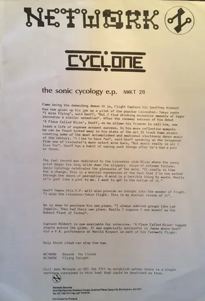 Cyclone - The Sonic Cycology E.P., Electronic, Bleep, Techno, 1991 - Network Records, UK, Vinyl 1x 12", 45 RPM, EP