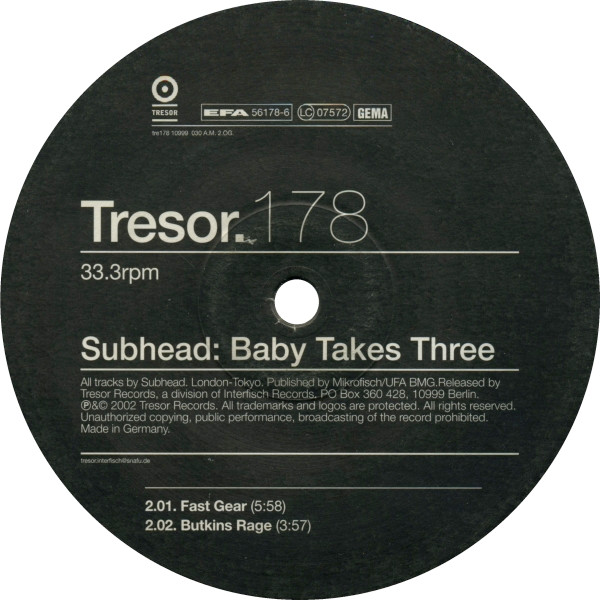Subhead - Baby Takes Three, Electronic, Techno, 2001 - Tresor, Germany, Vinyl 1x 12", EP, 33 ⅓ RPM