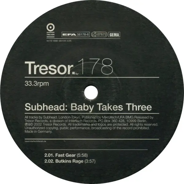 Subhead - Baby Takes Three, Electronic, Techno, 2001 - Tresor, Germany, Vinyl 1x 12", EP, 33 ⅓ RPM