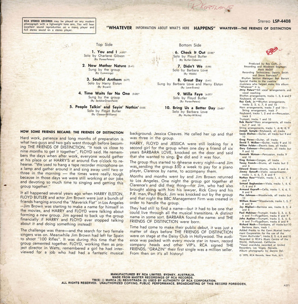 Friends Of Distinction, The - Whatever, Funk / Soul, Funk, Soul, 1970 - RCA Victor, Australia, Vinyl 1x LP