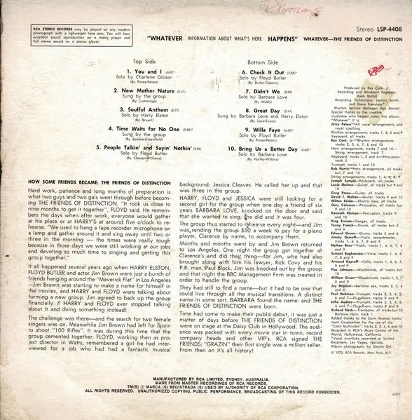 Friends Of Distinction, The - Whatever, Funk / Soul, Funk, Soul, 1970 - RCA Victor, Australia, Vinyl 1x LP