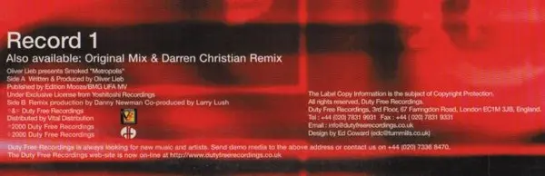 Oliver Lieb Presents Smoked - Metropolis, Electronic, Techno, 2000 - Duty Free Recordings, UK, Vinyl 1x 12", 33 ⅓ RPM