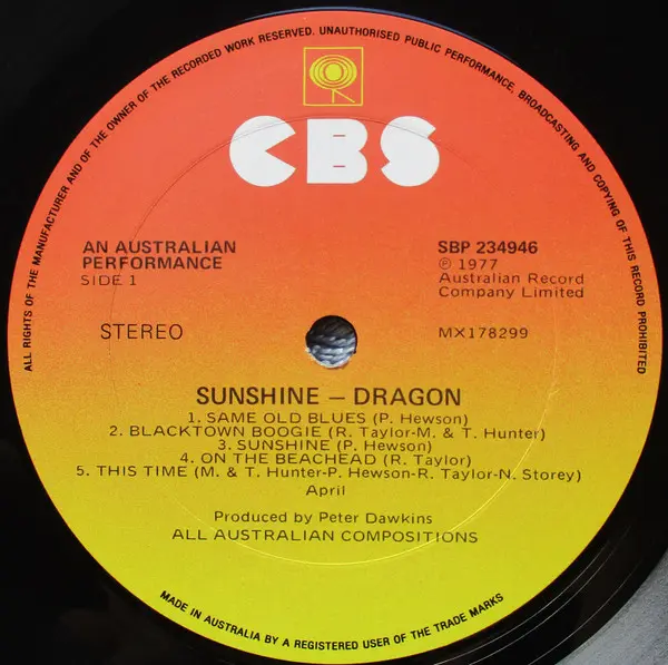 Dragon (5) - Sunshine, Rock, Pop Rock, 1977 - CBS, Australia, Vinyl 1x LP, Album, Stereo