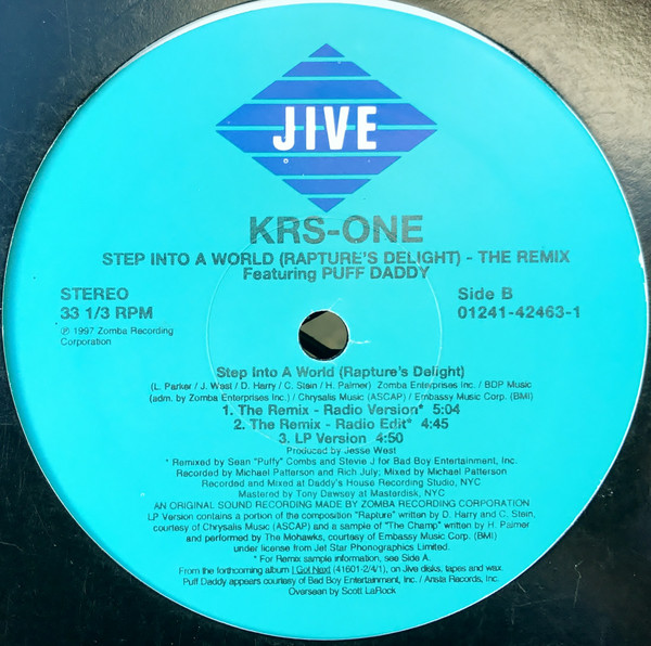 KRS-One - Step Into A World (Rapture's Delight) (The Remix), Hip Hop, 1997 - Jive, US, Vinyl 1x 12", 33 ⅓ RPM, Stereo