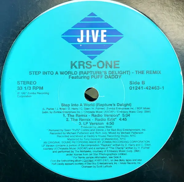 KRS-One - Step Into A World (Rapture's Delight) (The Remix), Hip Hop, 1997 - Jive, US, Vinyl 1x 12", 33 ⅓ RPM, Stereo