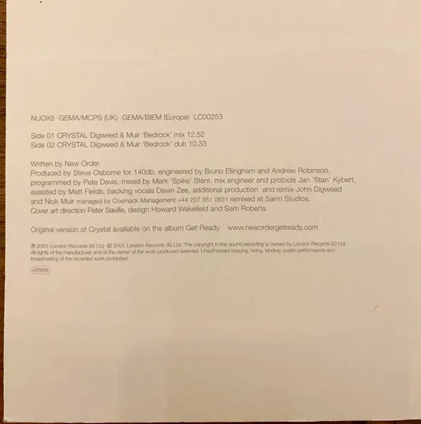 New Order - Crystal (Bedrock Remixes), Electronic, Progressive Trance, 2001 - London Records, Europe, Vinyl 1x 12", 33 ⅓ RPM,