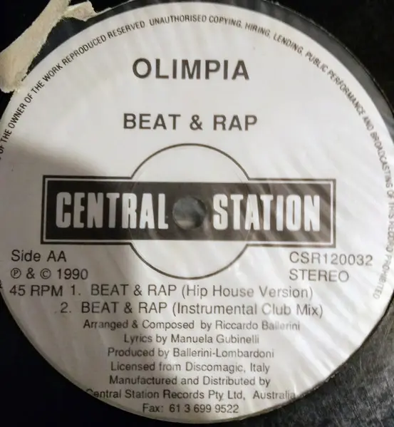 Olimpia - You Want My Love / Beat & Rap, Electronic, House, 1990 - Central Station, Australia, Vinyl 1x 12", 45 RPM, Stereo